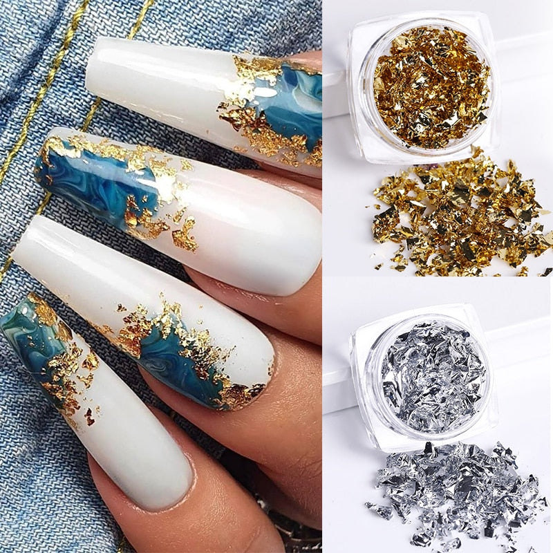 Guldglitterflingor oregelbundna aluminiumfolie paljetter för naglar krompulver gnistrande manikyr klistermärke diy nagelkonstdekorationer