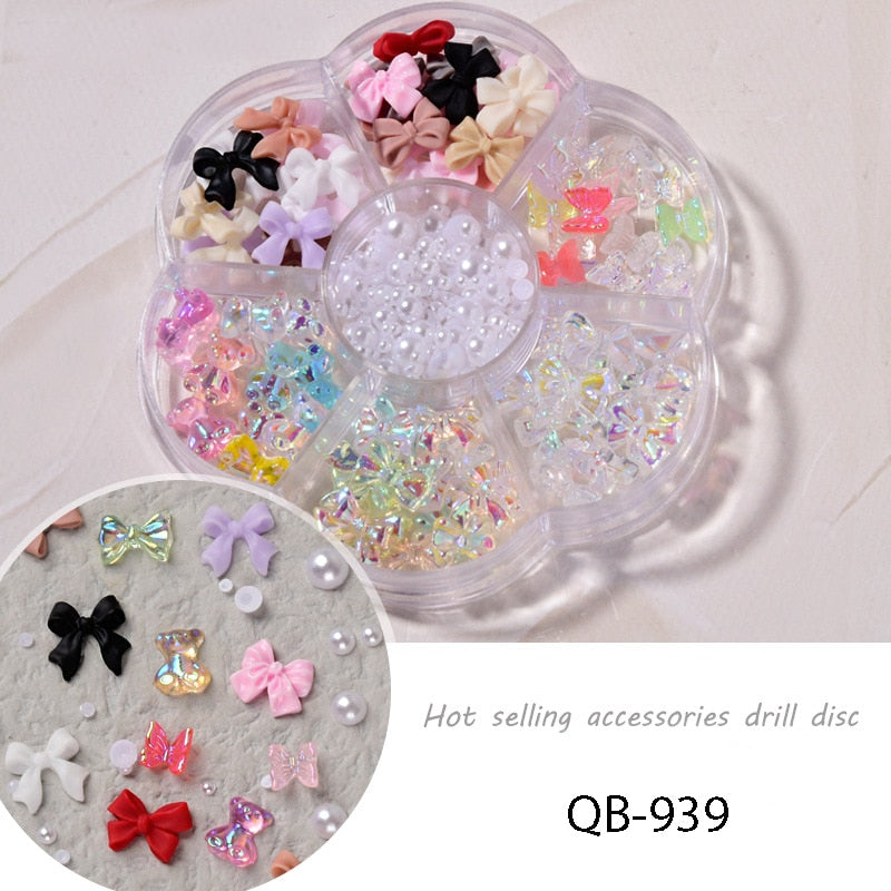 6-compartment mixed bow Manicure nail art decorations bow lollipops, bear beads, pearls and DIY 3D charm nail art accessories
