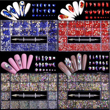 Kit de diamantes de imitación para decoración de uñas, 2500 Uds., en caja, 21 rejillas, juego de tamaños mixtos, 1 bolígrafo de recogida, decoraciones de cristal, piedras preciosas planas 3D AB 