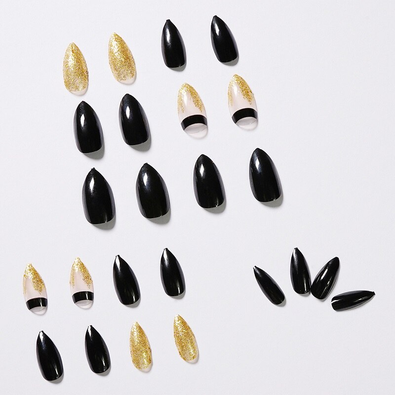 GAM-BELLE Almond Shape False Nails Black Gold Glitter Foil Design Press On Fake Nails Art Extension Tips With Glue Manicure Tool