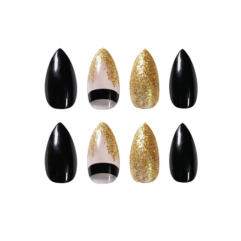 GAM-BELLE Almond Shape False Nails Black Gold Glitter Foil Design Press On Fake Nails Art Extension Tips With Glue Manicure Tool