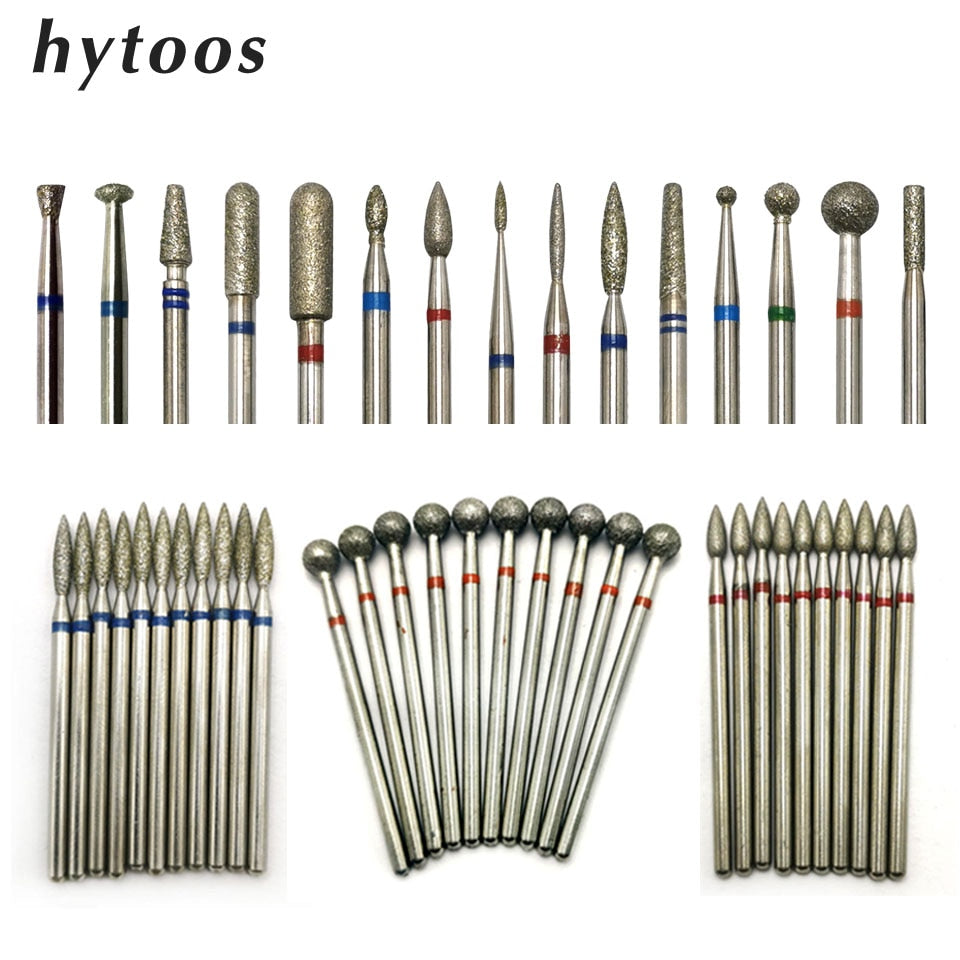 Hytoos 10pcs/conjunto de drill bits de diamante cortadores de diamante para manicure cuticle hurr moeding cortador para pedicure unhas ferramentas de acessórios