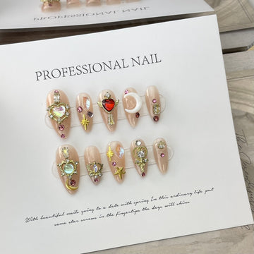 146-160 Número Gema dorada brillante Press hecha a mano en las uñas con Glue Ballet Professional Sailor Wearable Moon Nails para niña