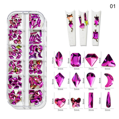 1000pcs Valentine&#39;s Day RED Rhinestone 12 Grid FlatBack Mixed-Size Nail Crystal DIY Non-Hotfix 3D Red Manicure Diamond ZB-2023