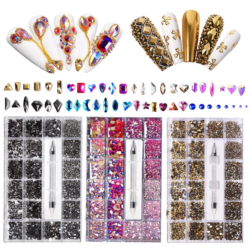 Conjunto de accesorios para uñas, caja de 21 rejillas, cristal AB mezclado, diamantes de imitación planos, decoración artística de uñas con 1 bolígrafo de recogida 