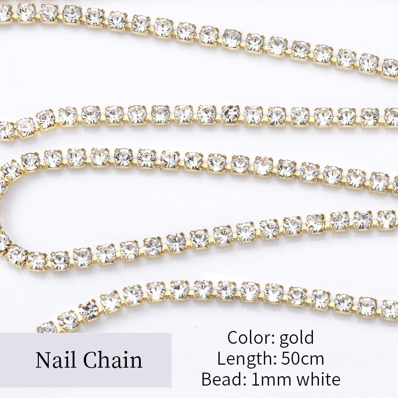 Nail Rhinestones Chain Silver AB Colors Stone 3D Nail Art Decorations Accessory Metal Steel Ball Chain Charms Jewelry Nail Bead