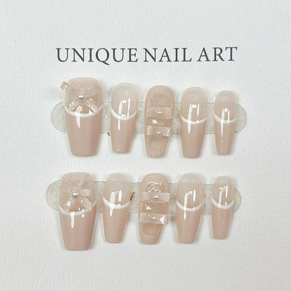 10 Piece For Set White Bow French Style fake nail patch Fairy Dreamy Cute Long T False Nail Art Finished Press On Wearable Nail
