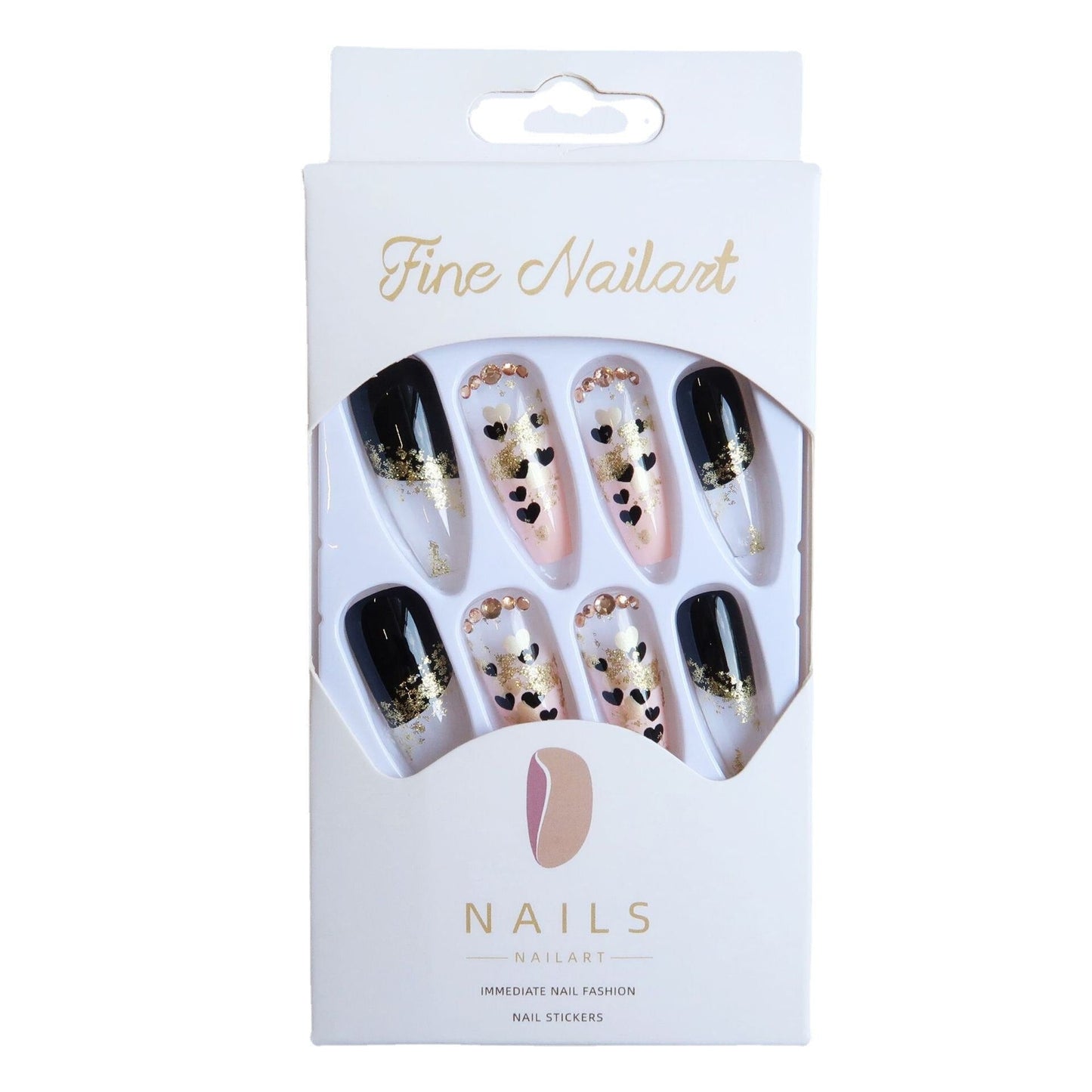 3D fake nails accessories long french coffin tips black gold heart glitters with diamond designs faux ongles press on false nail
