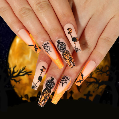 24Pcs Halloween Extra Long Press on Nails Coffin Fake Nails Acrylic  Black White Clown Designs Glossy Artificial Nails for Women