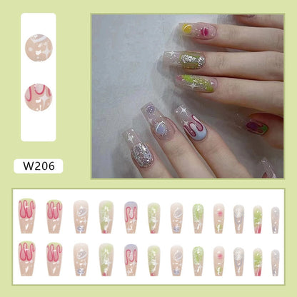 24Pcs Glitter Pink Fake Nails Press on French Set almond Cute Nail Art korean Fake Nails Acrylic Full Cover Tips with Glue