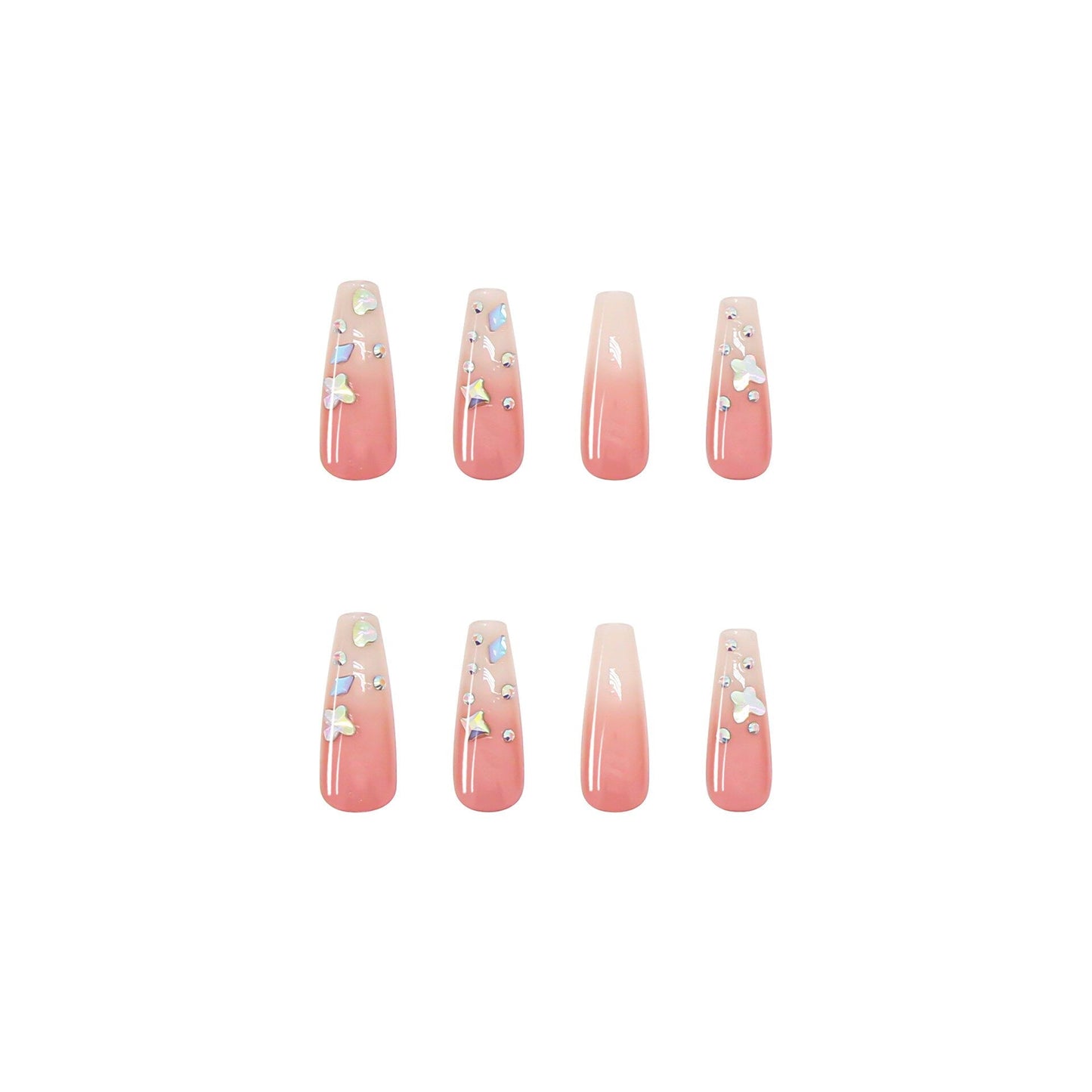3D fake nails set glossy pink long french coffin tips with glitter star diamond faux ongles press on acrylic false nail supplies