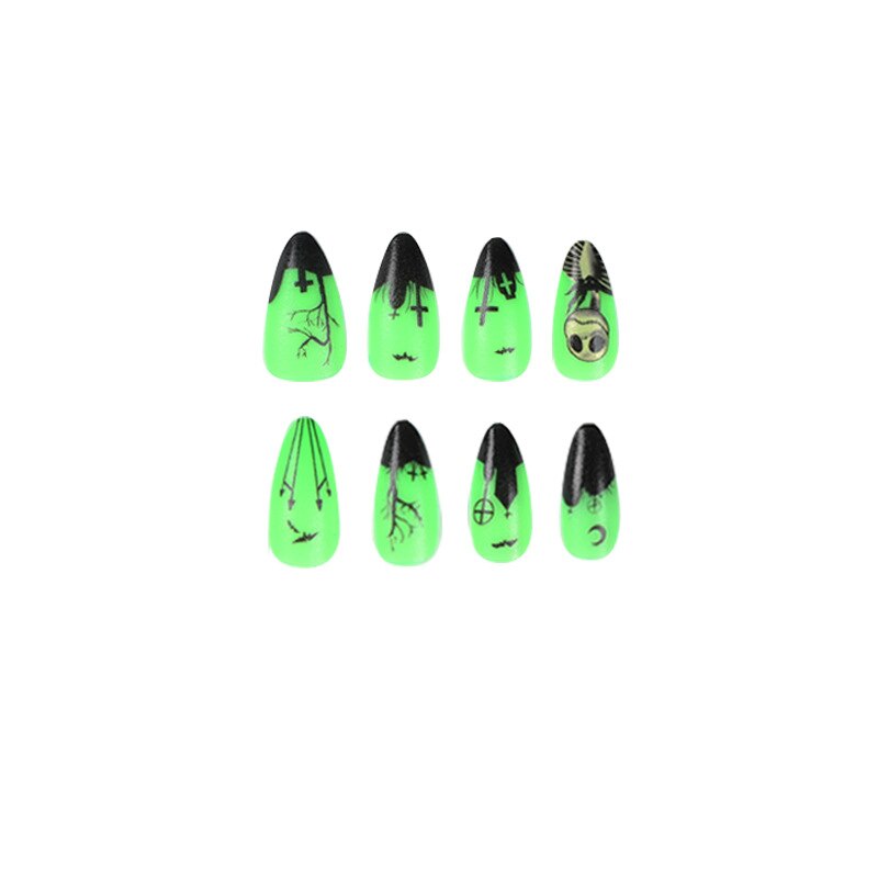 24pcs Noctilucent Green Black Edge French Halloween Wearing Nail Press On Holiday False Nails Unique Nail Art