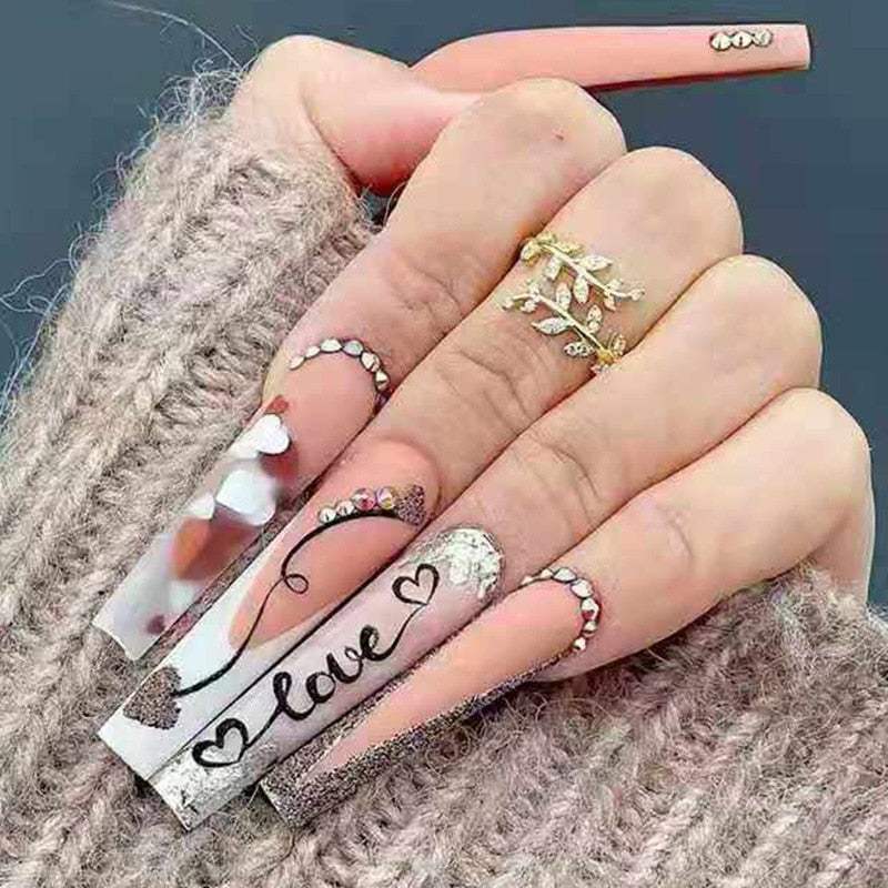 3D fake nails with pink heart glitter diamond designs long french coffin tips faux ongles press on false nail supplies set