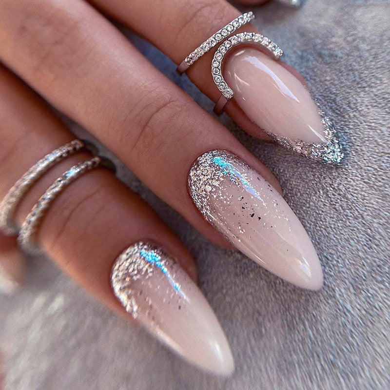 24Pcs Pink Almond False Nails Shiny Golden Ripples Stiletto Fake Nails Detachable Oval Full Cover Press on Nails Tips Manicure