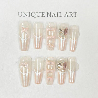 10 Piece For Set White Bow French Style fake nail patch Fairy Dreamy Cute Long T False Nail Art Finished Press On Wearable Nail