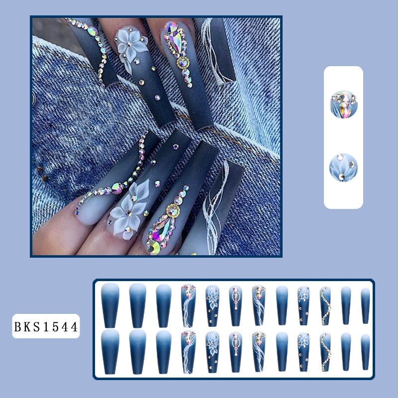 5D long fake nails set Gradual Camellia with glitter diamond designs french coffin ballet tips faux ongles press on false nail