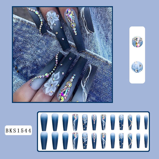 5d långa falska naglar set gradvis kamelia med glitter diamantdesigner franska kistin balett tips faux ongles tryck på falsk nagel
