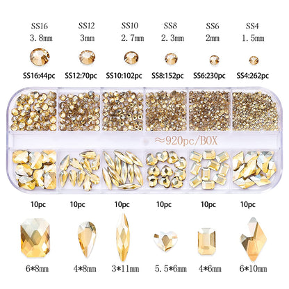 920Pcs Champagne Rhinestones for Nails, Gold Champagne Bling Nail Art Jewelry Flat Back Mixed Sizes Gold-Diamond Gem Stone
