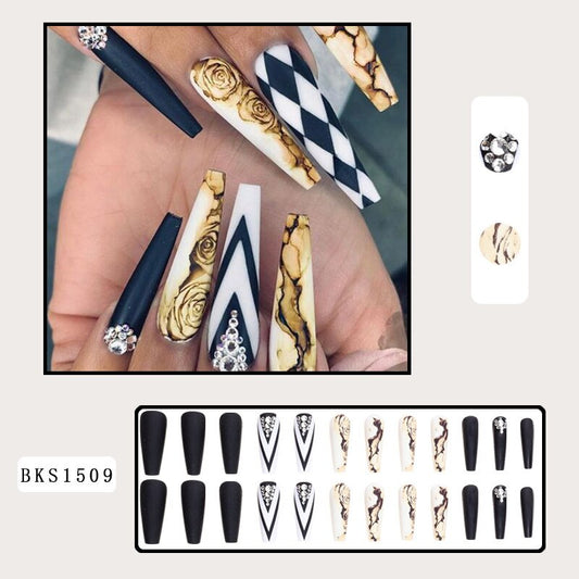 3D Fake Nails Set Long French Coffin Tips Camellia Flower Gitter med Glitter Diamond Faux Ongles Press On False Nail Supplies