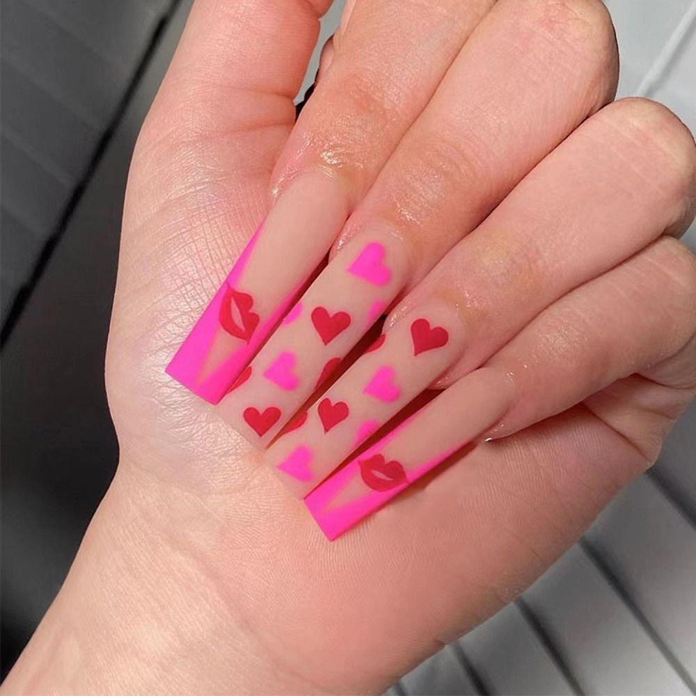 Pink Cow Design False Nail French Full Cover Long Coffin Fake Nails Glue DIY Manicure Nail Art Tools press on nails nail tips