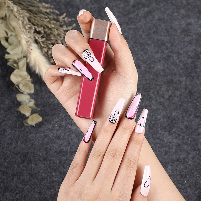 3D fake nails set press on faux ongles long french coffin tips pink heart Graffiti DIY manicure supplies false acrylic nail kit