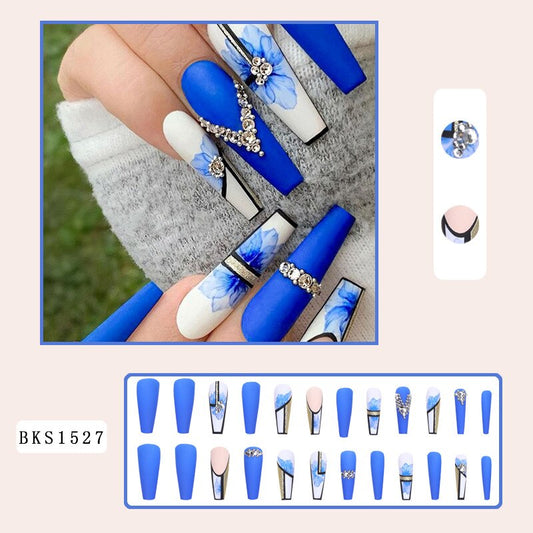 3D Fake Nails Set Blue Flowers With Glitter Diamond Designs Spicy Girl Matte Long French Coffin Tips Tryck på False Nail Supplie