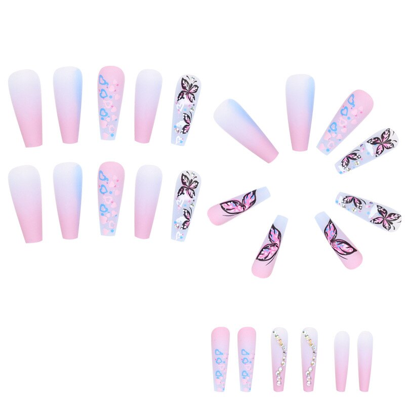 3D fake nails accessories rainbow butterfly with diamond glitters design long french coffin tips faux ongles press on false nail