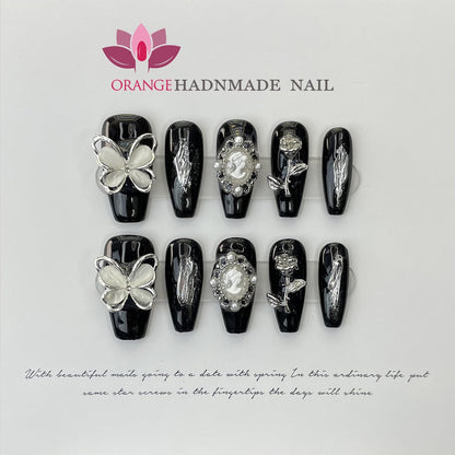 Handmade Luxury Press On Nails Rhinestone Coffin Head Manicuree Decoration Wearable Full With Design Acrylic Nail For Wedding