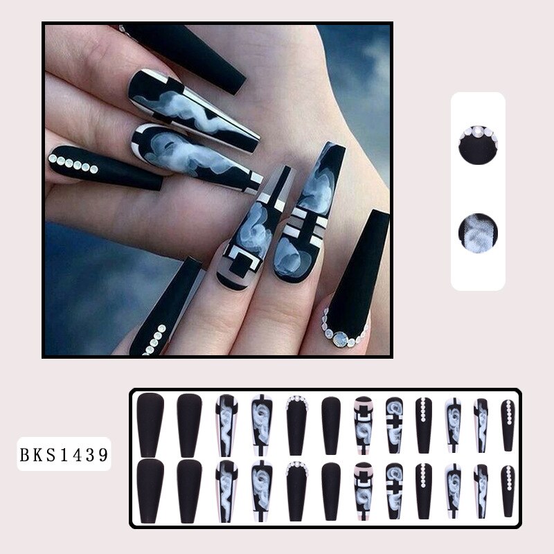 3D long fake nails black marbling Graffiti Aura french coffin tips with diamond faux ongles press on acrylic false nail supplies