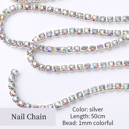 Nail Rhinestones Chain Silver AB Colors Stone 3D Nail Art Decorations Accessory Metal Steel Ball Chain Charms Jewelry Nail Bead