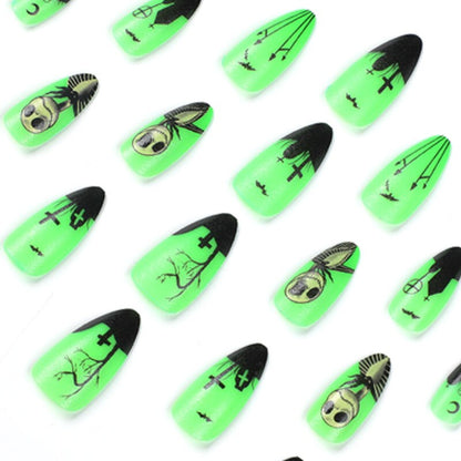 24pcs Noctilucent Green Black Edge French Halloween Wearing Nail Press On Holiday False Nails Unique Nail Art