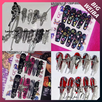 Fashion Cool Personalidad Cosplay Party Nails Long Coffin 3D Cadena de alta gama Consejos de uñas Accesorios para regalos