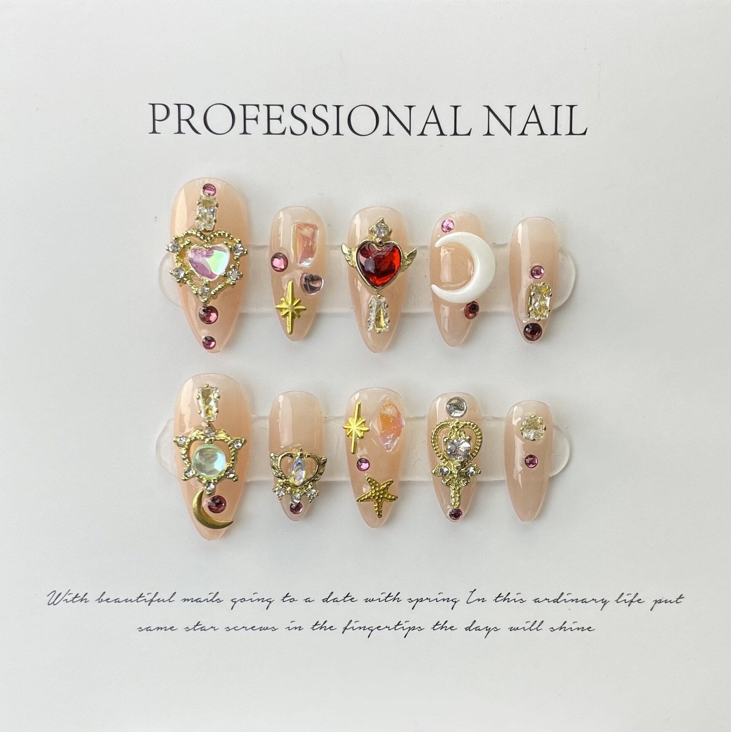 146-160 Number Shiny Golden Gem Handmade Press On Nails With Glue Ballet Professional Wearable Sailor Moon Fake Nails For Girl