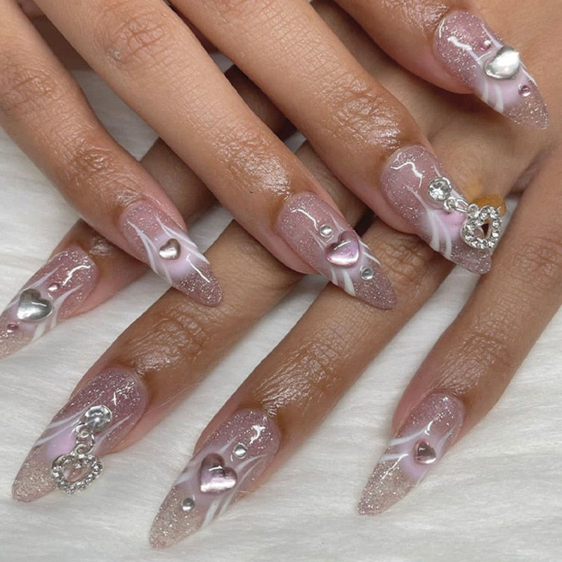 24st Pink Round Head Almond Fake Nails With Heart Shape Rhinestone Wearable Ballerina False Nail Tips Full Cover Press On Nail