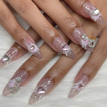 24st Pink Round Head Almond Fake Nails With Heart Shape Rhinestone Wearable Ballerina False Nail Tips Full Cover Press On Nail