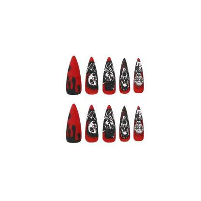 Halloween Nail Art Red and Black Contrast False Nails Kit Skeleton Ghost Face Press On Nail 24pcs Halloween Manicure Full Cover