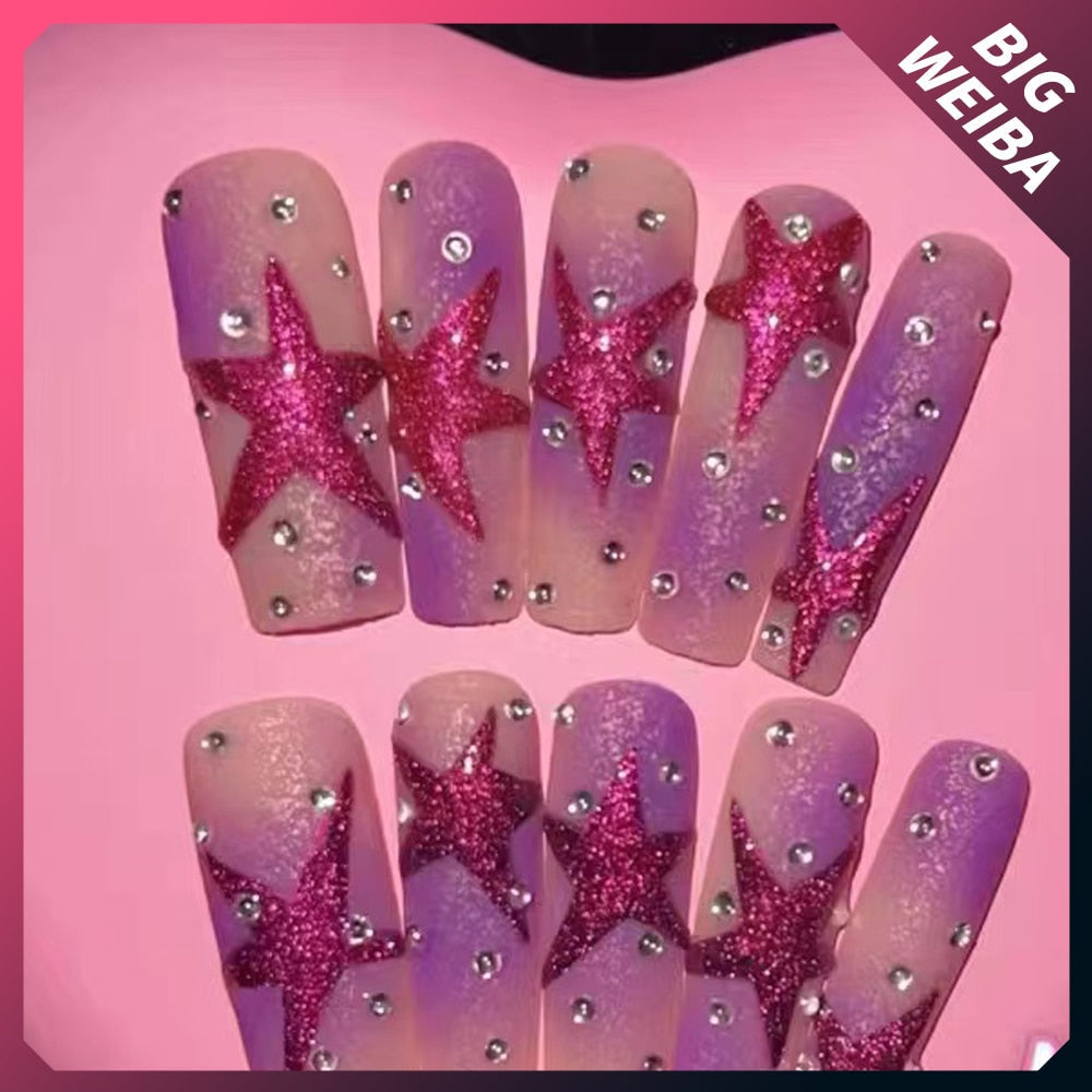 Europe and America Star Long Coffin Nail Slice Purple Handmade Hot Girl Party Jewelry False Nail Sticker Girls Gift Accessories
