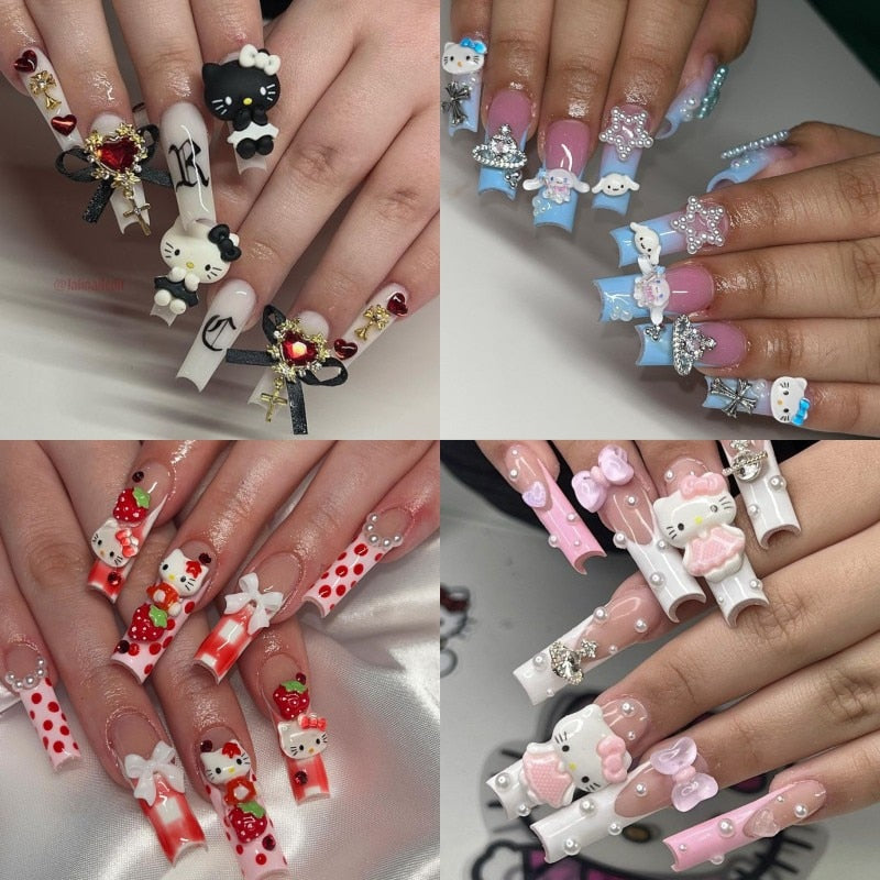 37Style Sanrios Kuromi Hello Kitty My Melody Anime Y2K Europa e America Pressa fatta a mano su Nails Long Nails Design Manicure