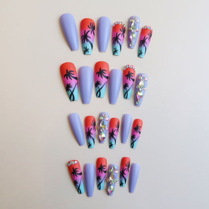 3D fake nails accessories Tropical Coconut Tree designs long french coffin tips faux ongles press on false acrylic nail supplies