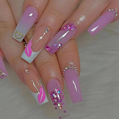24Pcs Artifical False Nails with Glue Fake Nail Tips with Heart Designs Detachable Press on Nails Long Finished Nails