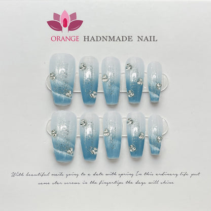 Handmade Blue Press On Nails Design Charms Luxury Full Cover Medium Coffin Manicuree Wearable Fake Nails XS S M L Size Nail Art