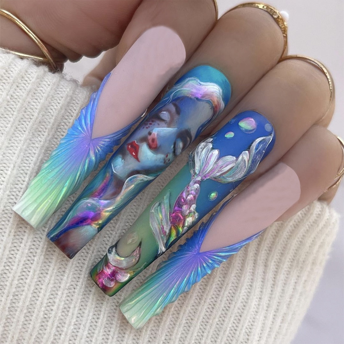 3D fake nails accessories Ocean series wearing manicure mermaid nail patch long french coffin tips press on false nail supplies
