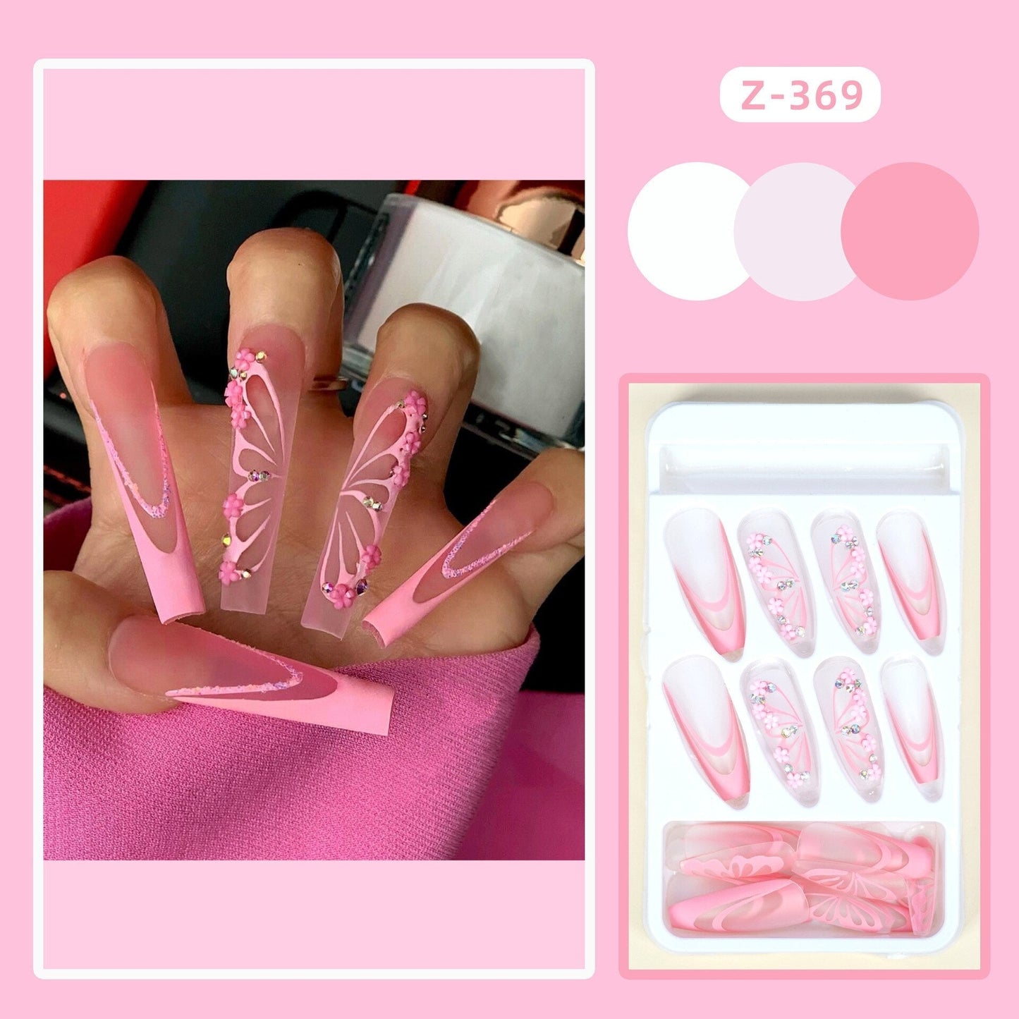 24pcs/set pink butterfly fake nails with glitter diamond designs long french coffin tips faux ongles press on false nail supplie