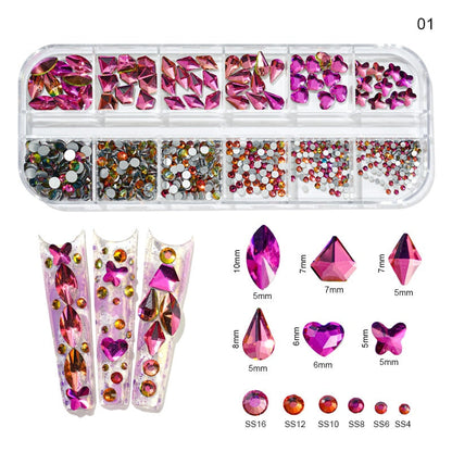 12Grids/Box Crystal Nail Art Rhinestones Glass SS4-SS16 Nail Stones Shiny Flatback 3D DIY Nail Art Decoration