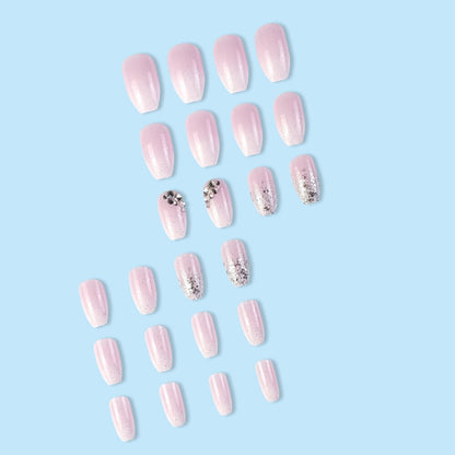 Trendy Gradient Pink False Nail Tips With Designs French Coffin Fake Nails Set Press on Short Ballerina Rhinestones Manicure