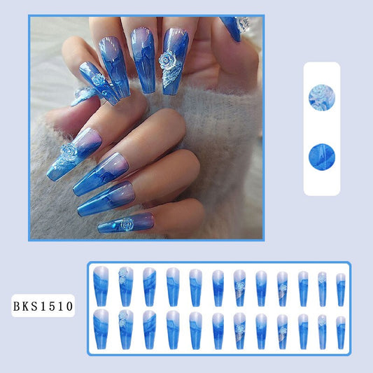 3d långa falska naglar set aura isblå kamellia blommedesign kristall franska kista tips faux ongles tryck på falska nagelförsörjningar
