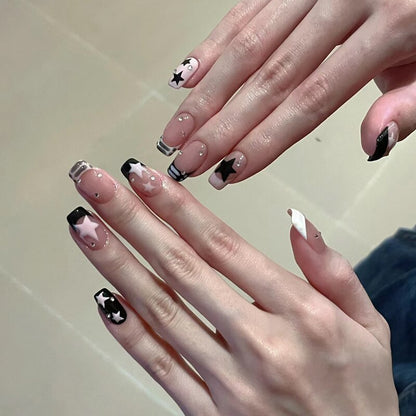 24pc Sweet Cool Girl False Nail with glue Wearable black y2k pink diamond fake nails with designs press on nails long coffin