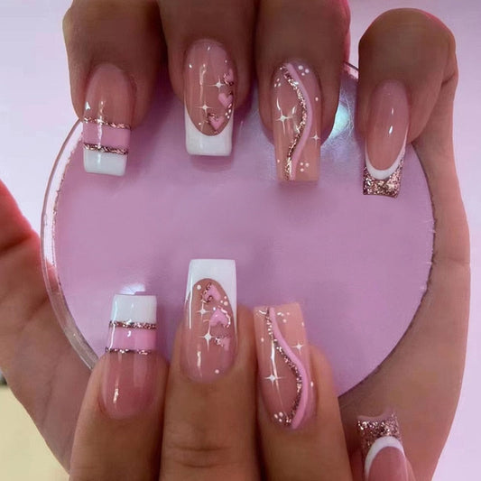 24 -stcs druk op nagels draagbare nep nagels roze gradiënt glitter vlinder strass steentjes valse nagel volledige deksel acryl nagel tips
