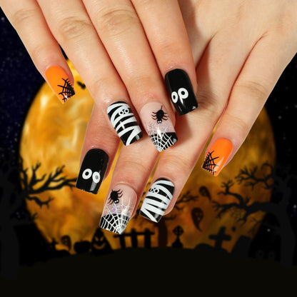 24Pcs Halloween Black Ghost Long Ballet False Nails With Heart Blood Design Halloween Press On Nails Detachable Full Cover Nails