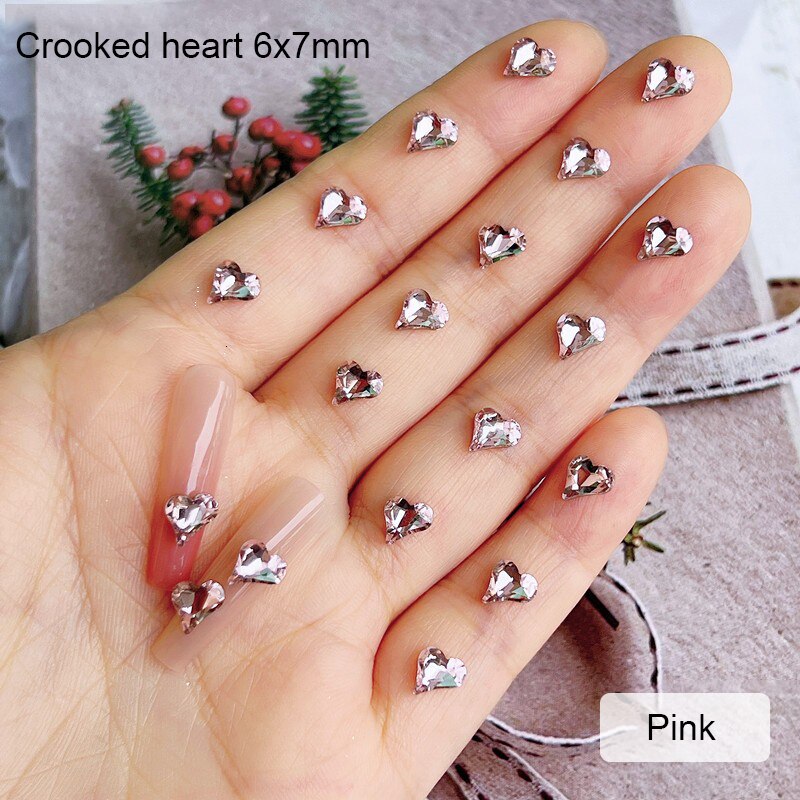 6x7mm Pointed Bottom Mini Crooked Heart Nail Art Rhinestone Crystal Glass All Match 3D Fingernail DIY Decoration 30/100pcs